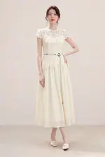 Đầm xòe tơ phối ren dự tiệc màu kem
