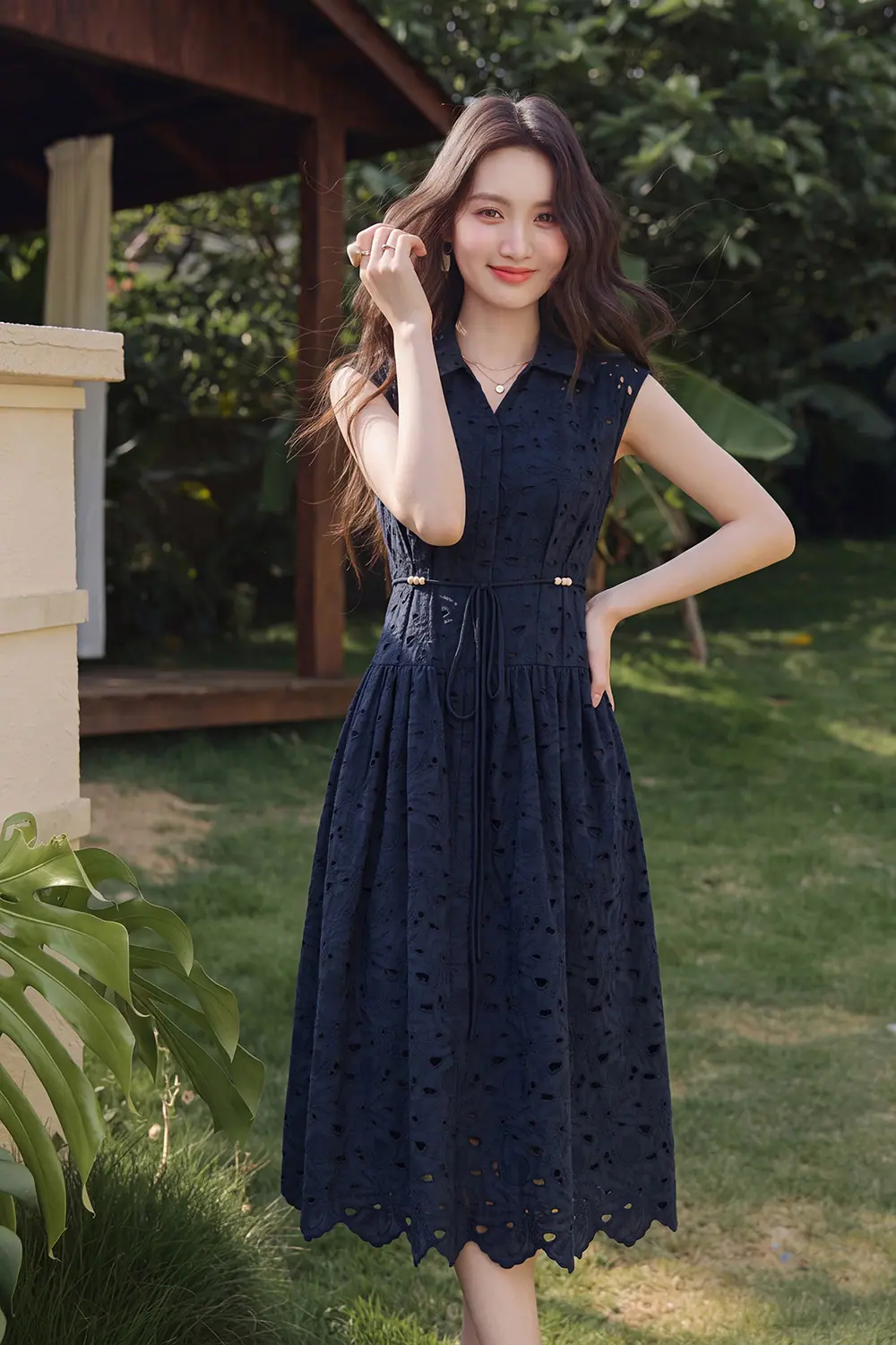 Đầm xòe xô thêu cổ sơ mi thắt eo