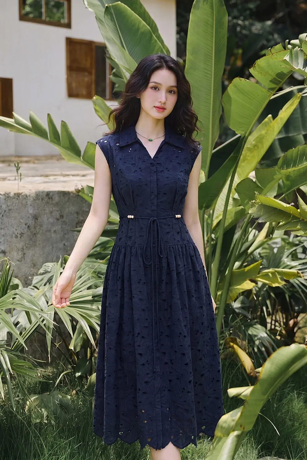 Đầm xòe xô thêu cổ sơ mi thắt eo