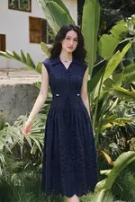 Đầm xòe xô thêu cổ sơ mi thắt eo