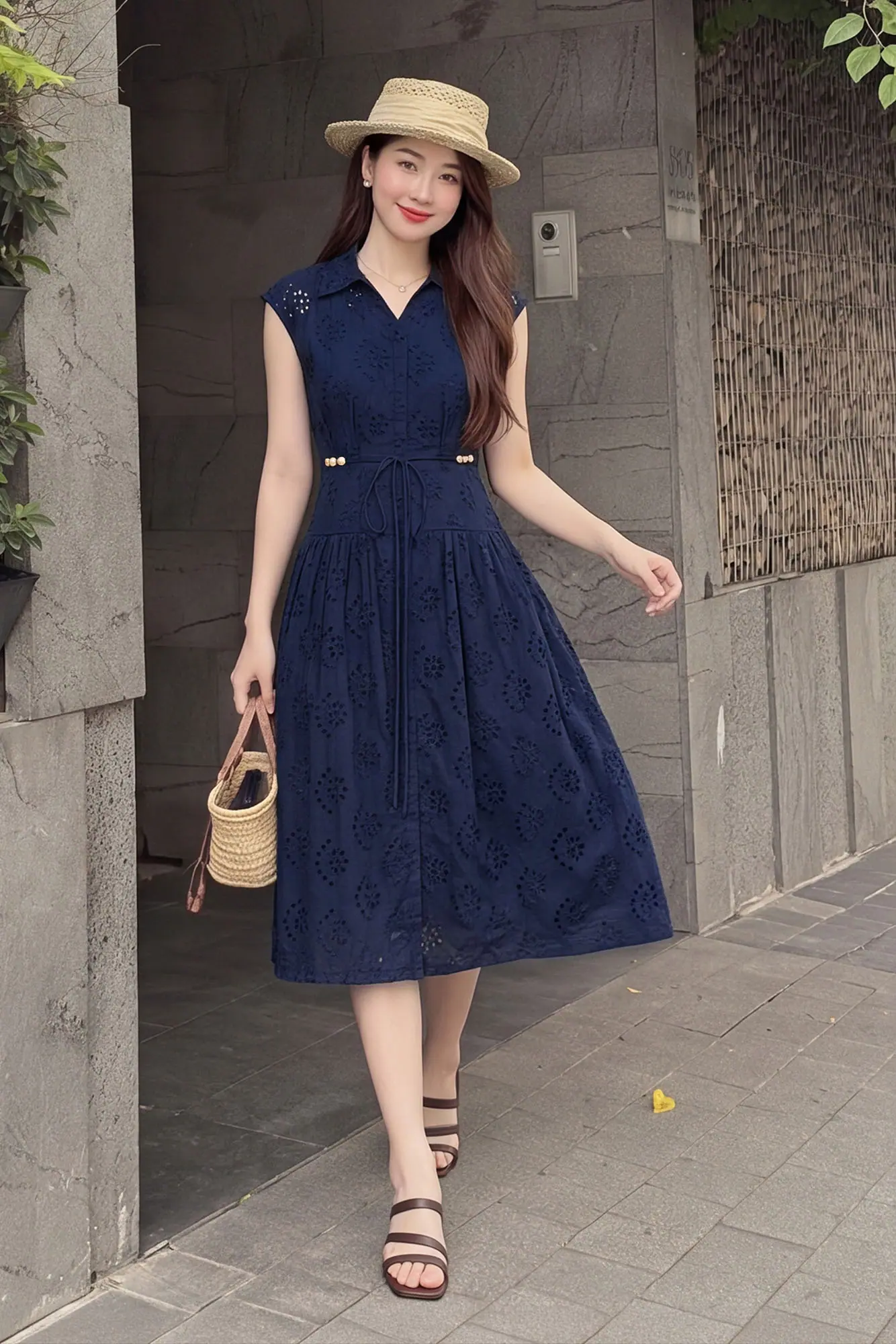 Đầm xô thêu dáng xòe màu xanh navy