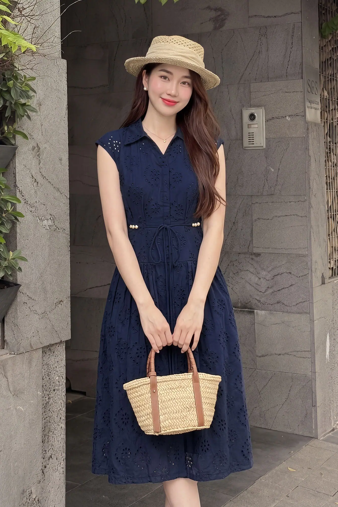 Đầm xô thêu dáng xòe màu xanh navy