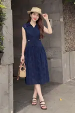 Đầm xô thêu dáng xòe màu xanh navy