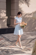 Đầm xô thêu hoa dáng xòe màu xanh pastel