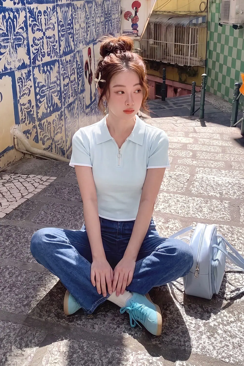 Áo thun cotton cổ polo khóa kéo màu xanh