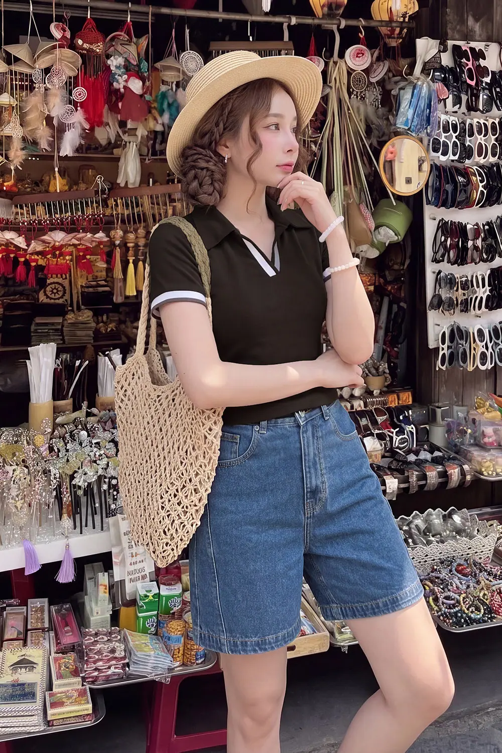 Áo thun cotton nữ màu nâu cổ polo
