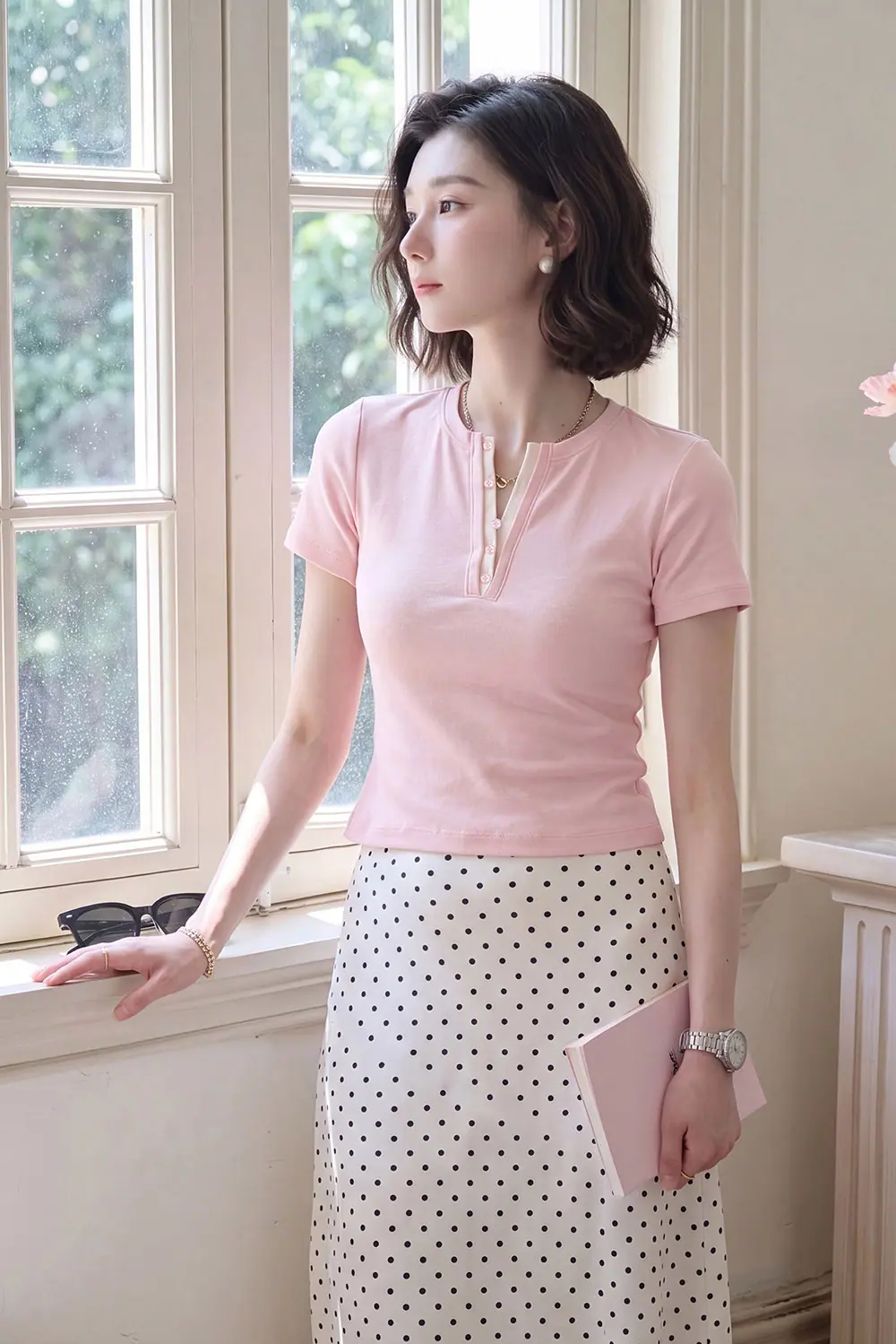 Áo thun nữ ôm nhẹ màu hồng cổ phối trắng