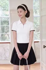 Áo thun polo nữ màu trắng phối viền đen
