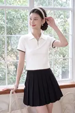 Áo thun polo nữ màu trắng phối viền đen