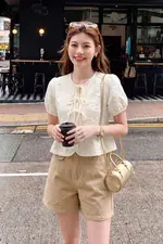 Quần short jean nữ cạp cao màu be