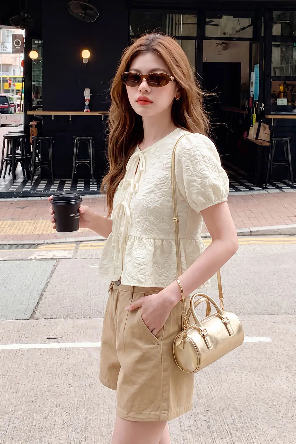 Quần short jean nữ cạp cao màu be