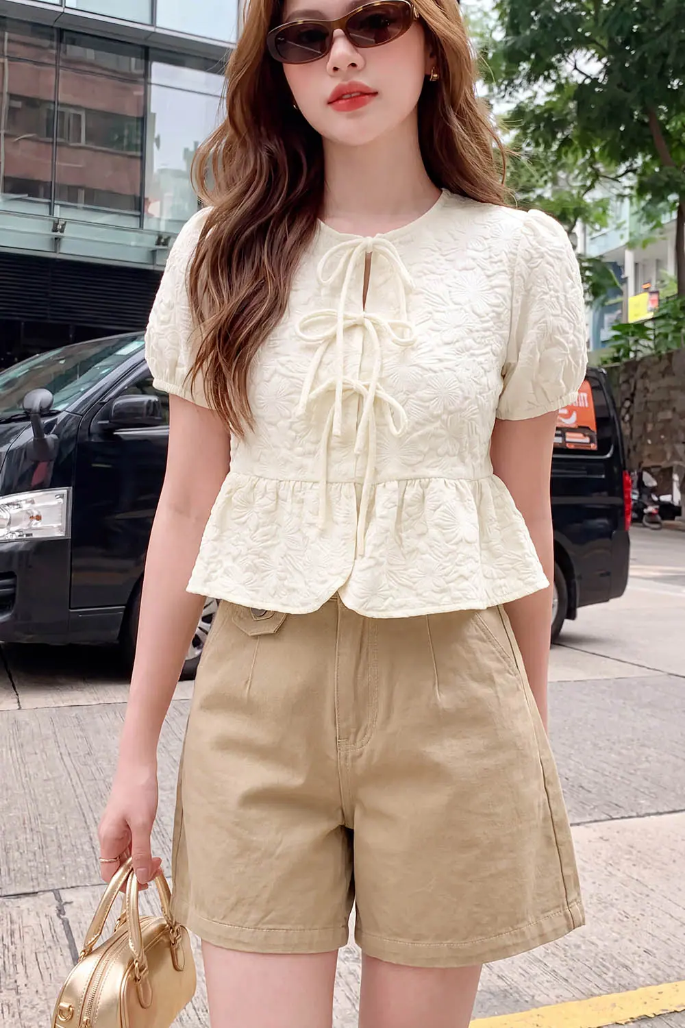 Quần short jean nữ cạp cao màu be