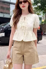 Quần short jean nữ cạp cao màu be