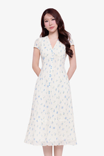 Đầm trắng hoa xanh dáng chữ A midi