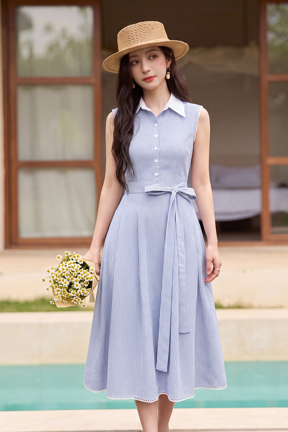 Đầm xòe dài kẻ sọc trắng xanh phối nơ eo