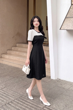 Đầm xòe đen công sở phối màu tay ngắn