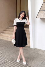 Đầm xòe đen công sở phối màu tay ngắn