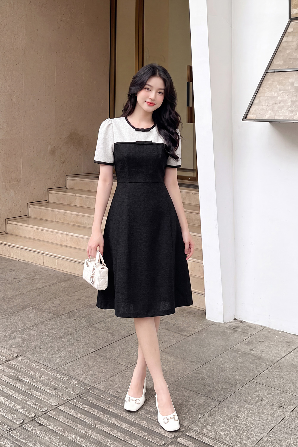 Đầm xòe đen công sở phối màu tay ngắn