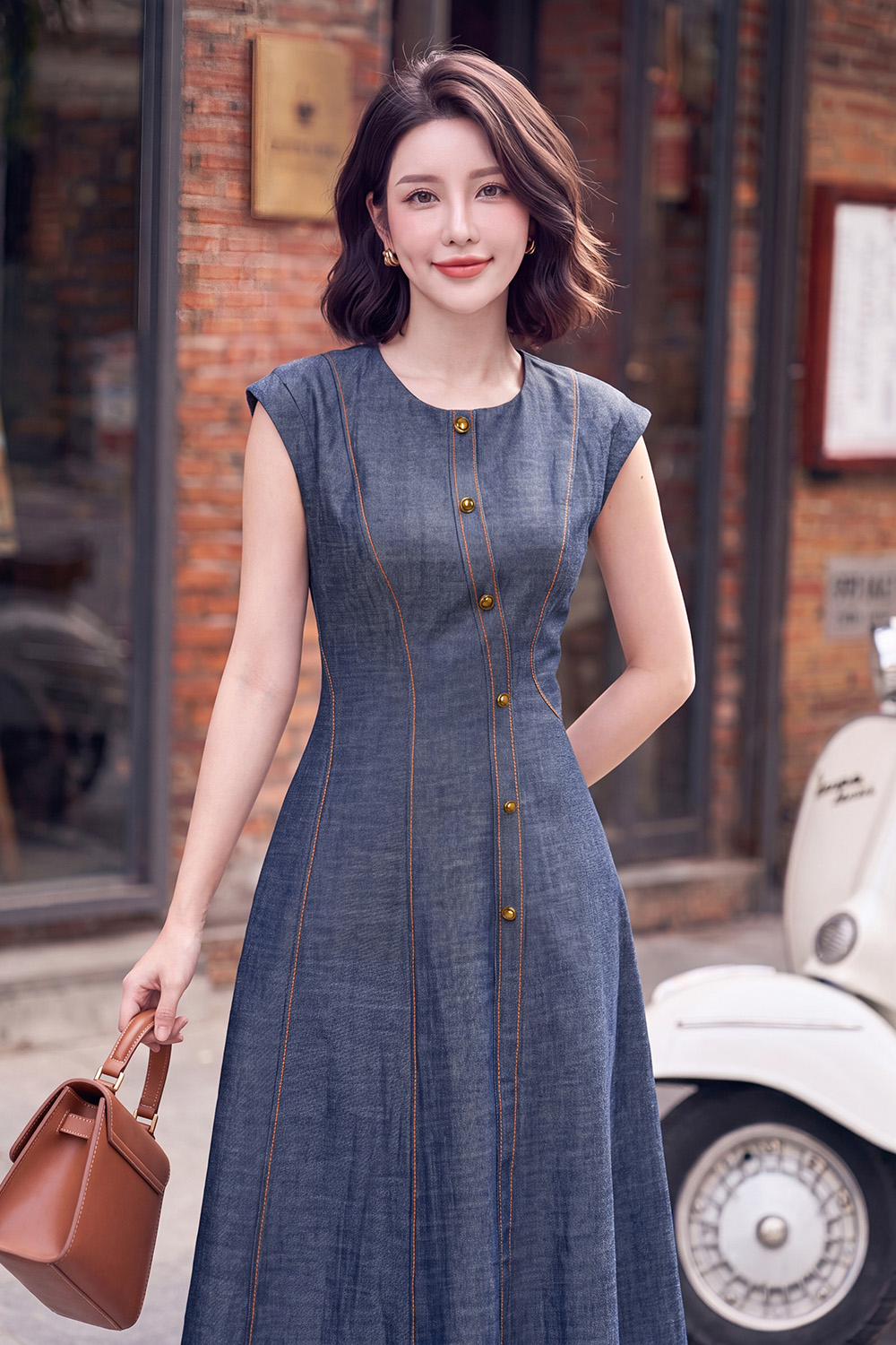 Đầm denim dáng xòe sát nách