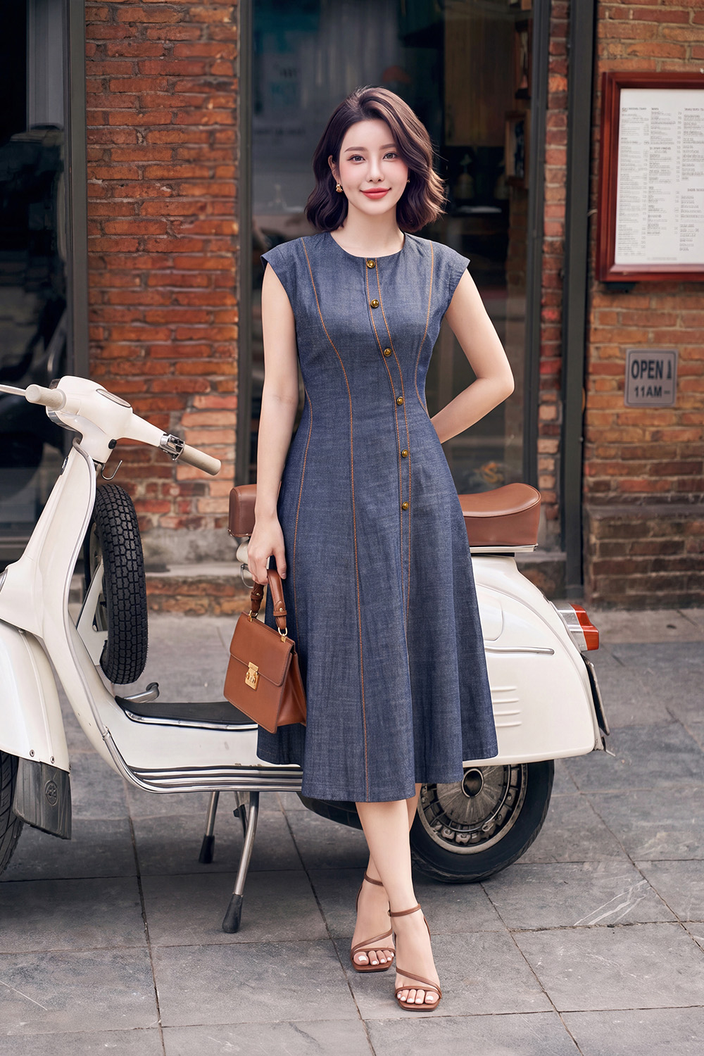 Đầm denim dáng xòe sát nách