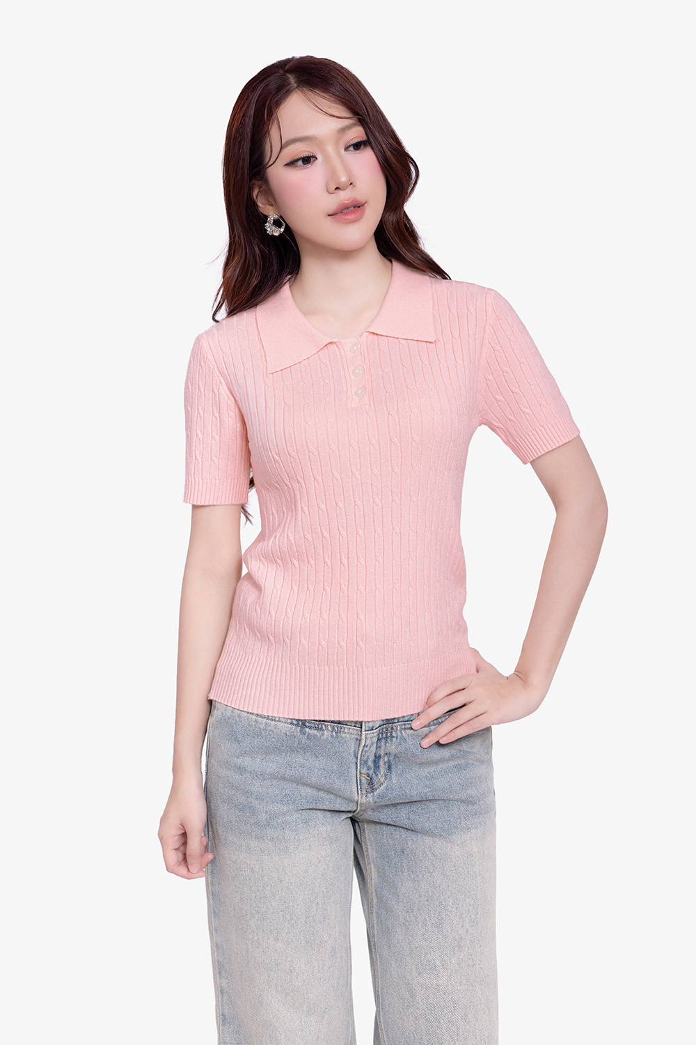 Áo len dệt kim polo màu hồng
