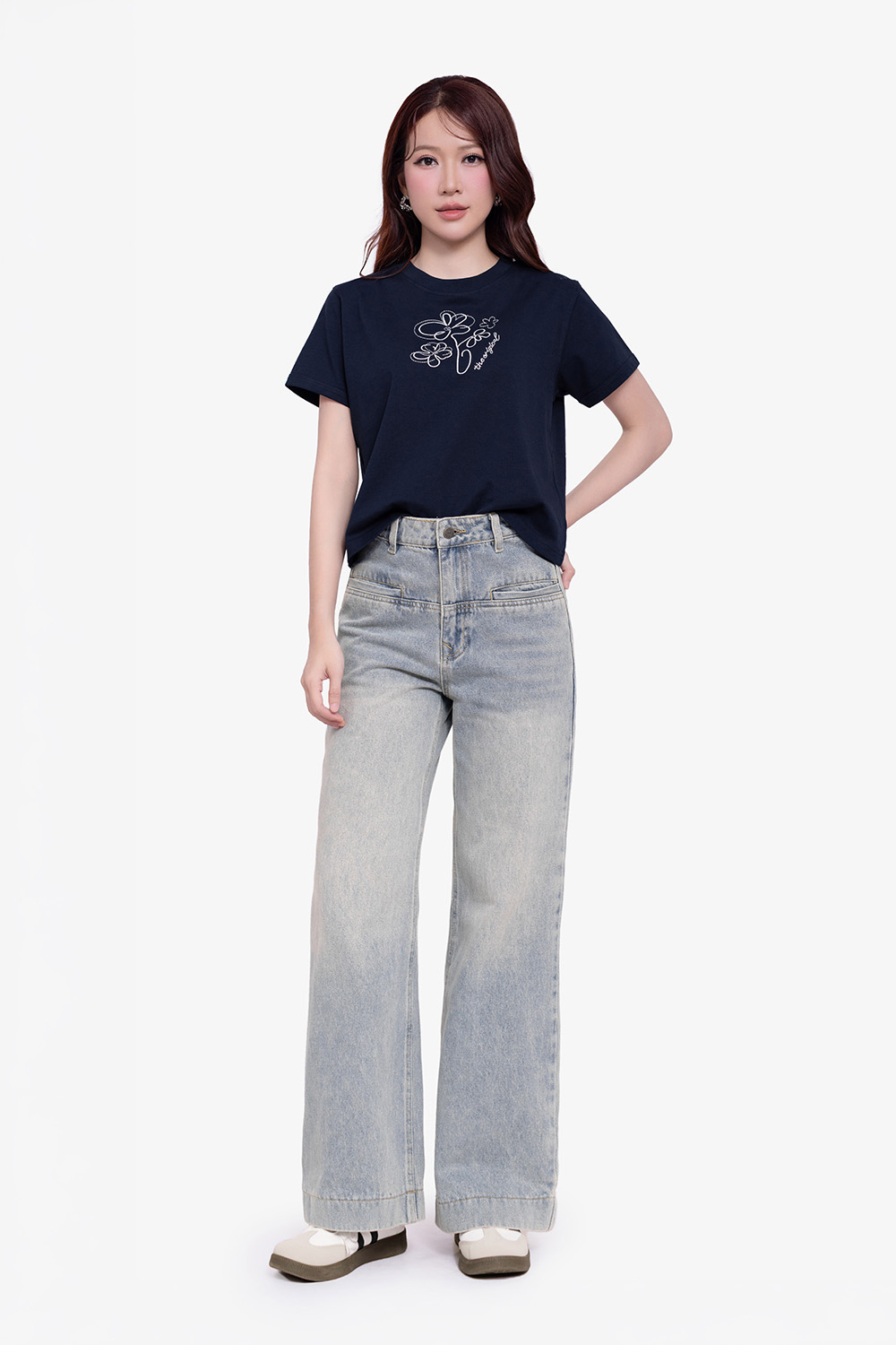 Quần jeans ống rộng màu xanh xám