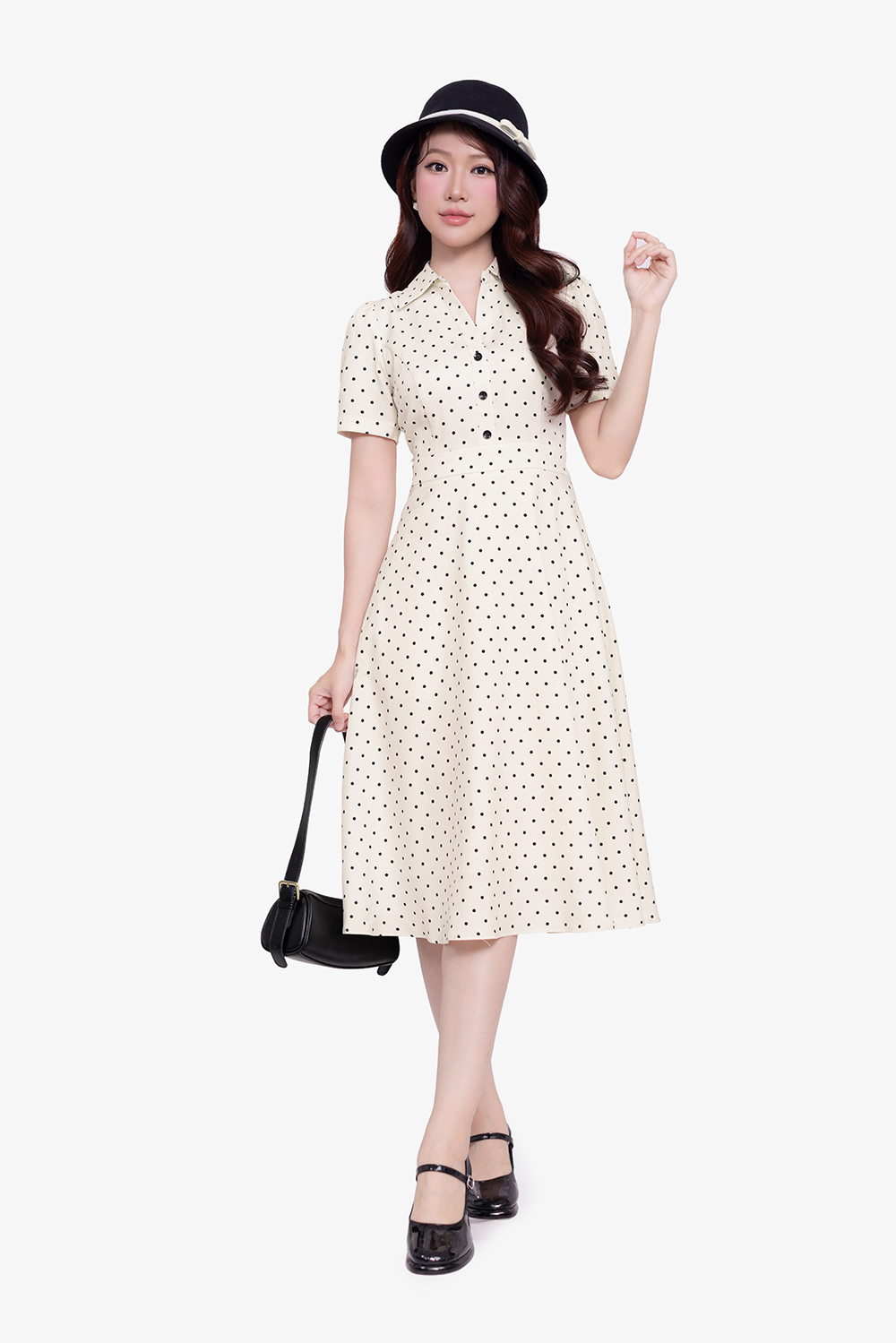 Đầm chấm bi dáng xòe cổ sơ mi