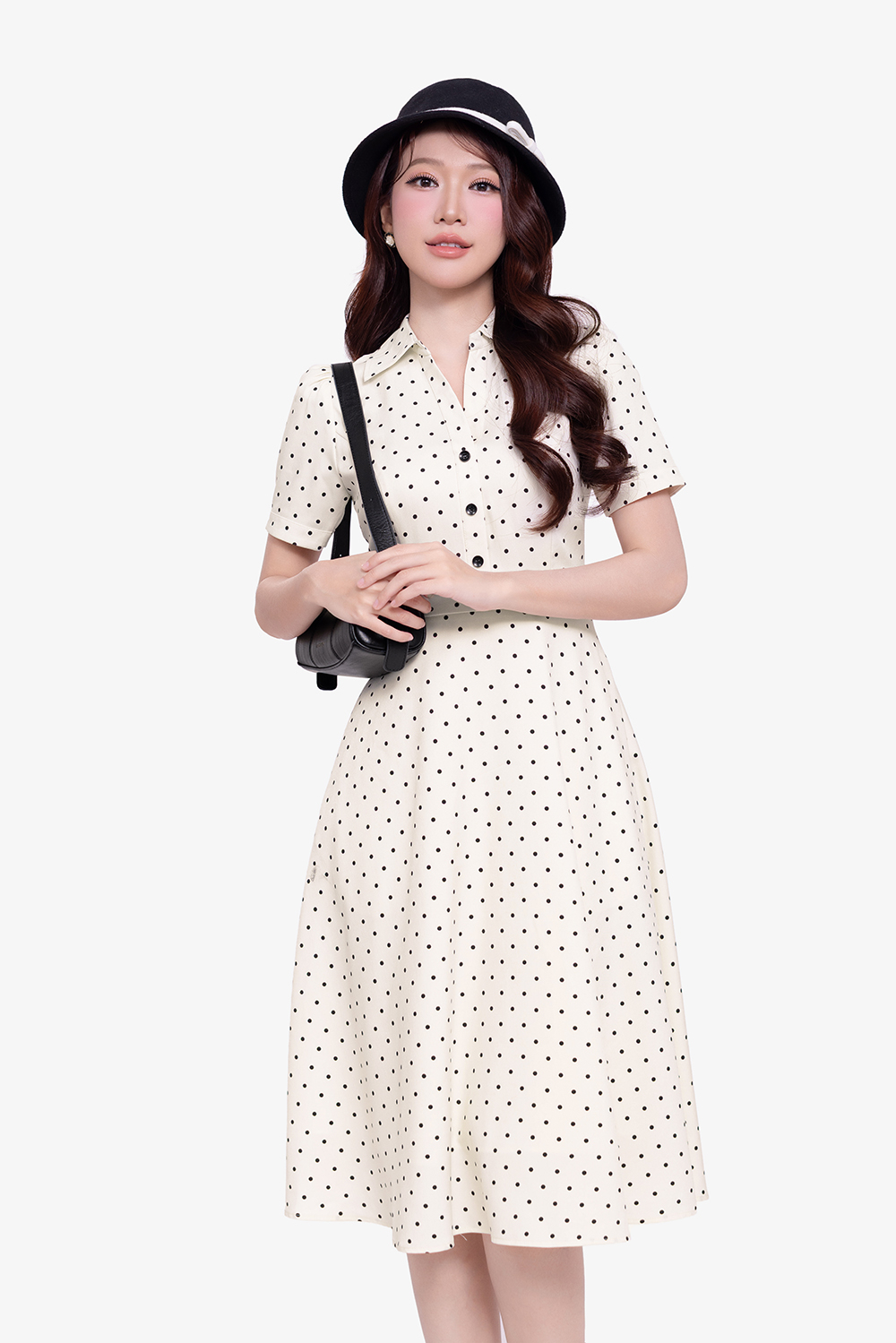 Đầm chấm bi dáng xòe cổ sơ mi