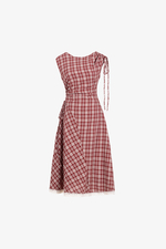 Đầm xòe caro đỏ linen phối ren