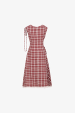 Đầm xòe caro đỏ linen phối ren