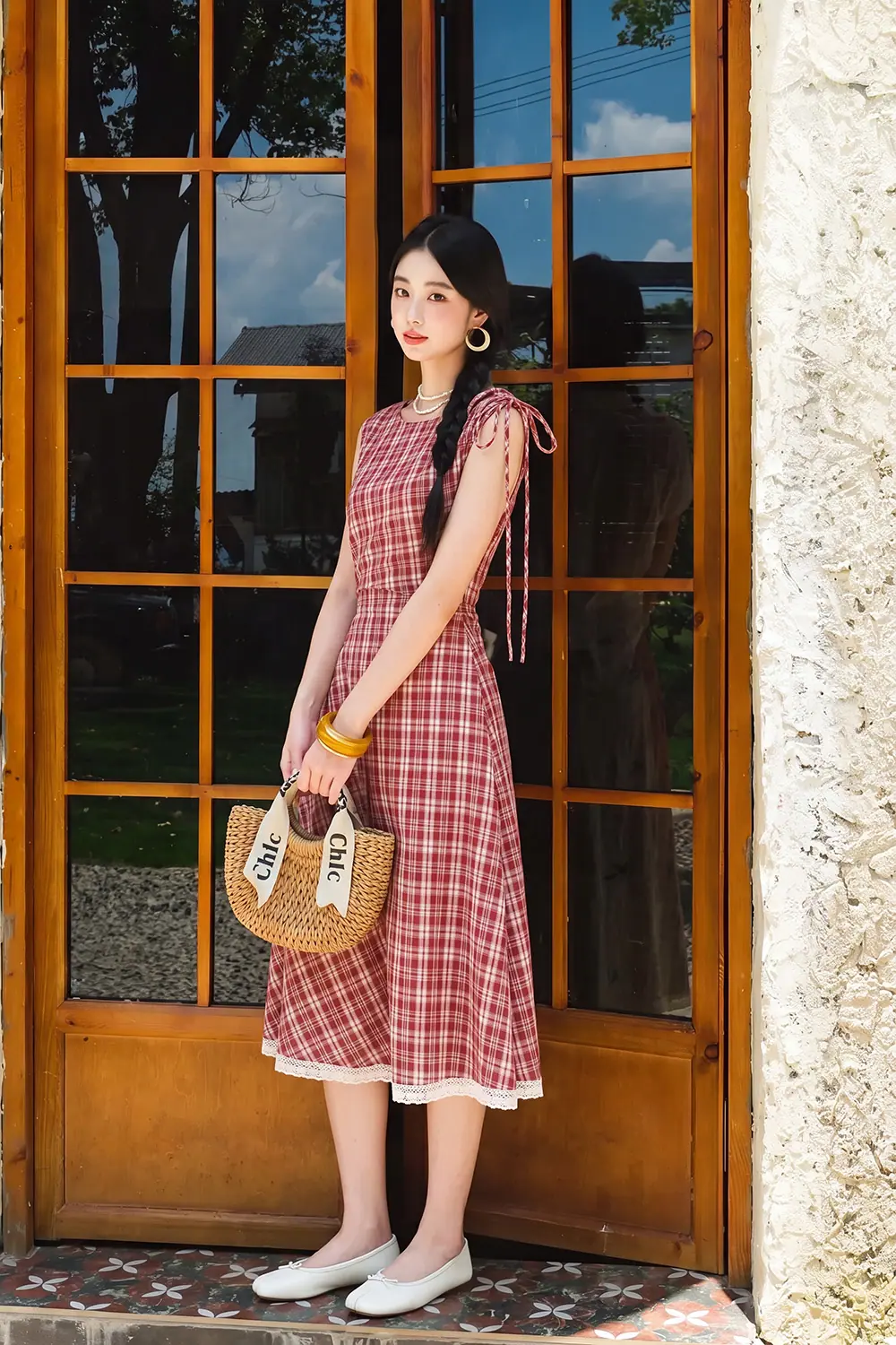 Đầm xòe caro đỏ linen phối ren