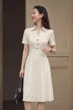 Đầm chấm bi dáng xòe cổ sơ mi