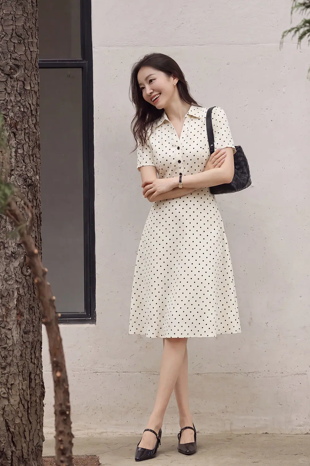 Đầm chấm bi dáng xòe cổ sơ mi