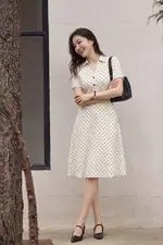 Đầm chấm bi dáng xòe cổ sơ mi