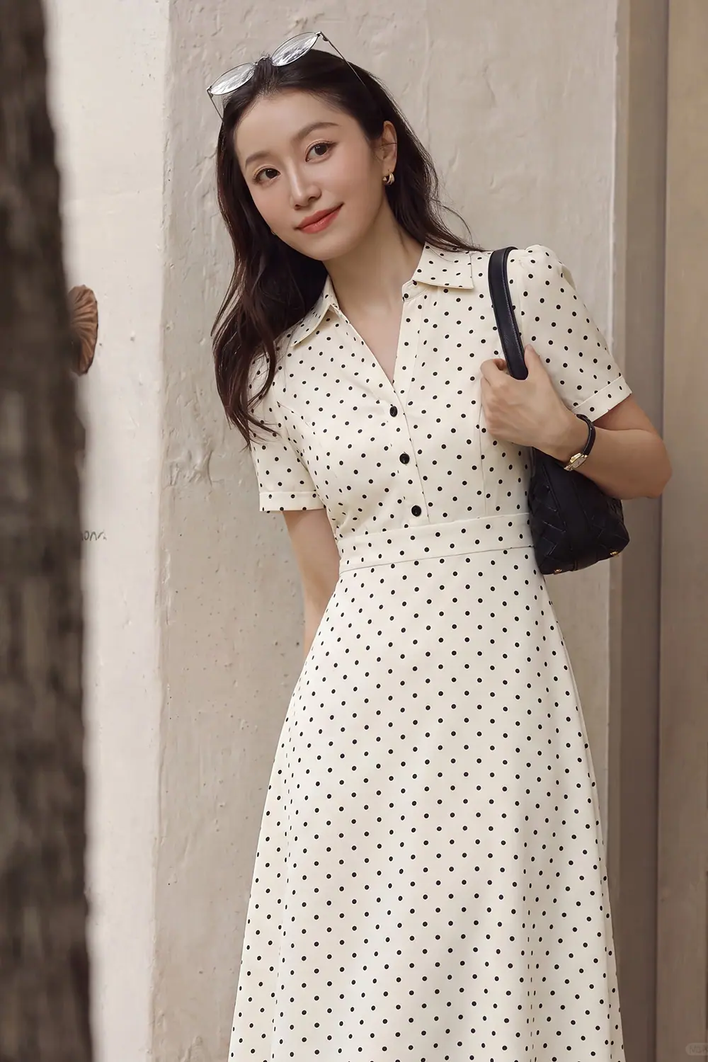 Đầm chấm bi dáng xòe cổ sơ mi