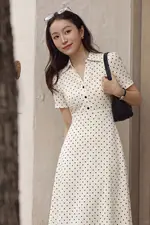 Đầm chấm bi dáng xòe cổ sơ mi