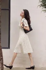 Đầm chấm bi dáng xòe cổ sơ mi