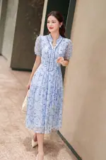 Đầm tơ hoa nhí dáng xòe phối nút