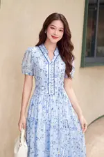 Đầm tơ hoa nhí dáng xòe phối nút