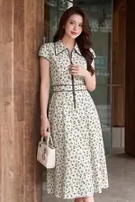 Đầm xòe hoa nhí nhấn eo phối khóa kéo trước