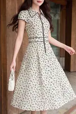 Đầm xòe hoa nhí nhấn eo phối khóa kéo trước