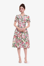 Đầm linen hoa cổ V tay ngắn dáng xòe