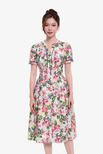 Đầm linen hoa cổ V tay ngắn dáng xòe