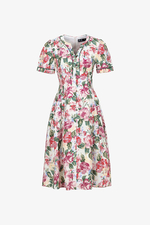 Đầm linen hoa cổ V tay ngắn dáng xòe