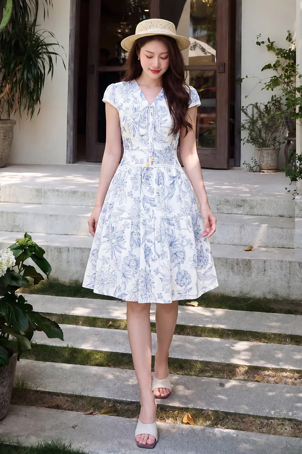 Đầm trắng hoa xanh dáng xòe viền đăng ten