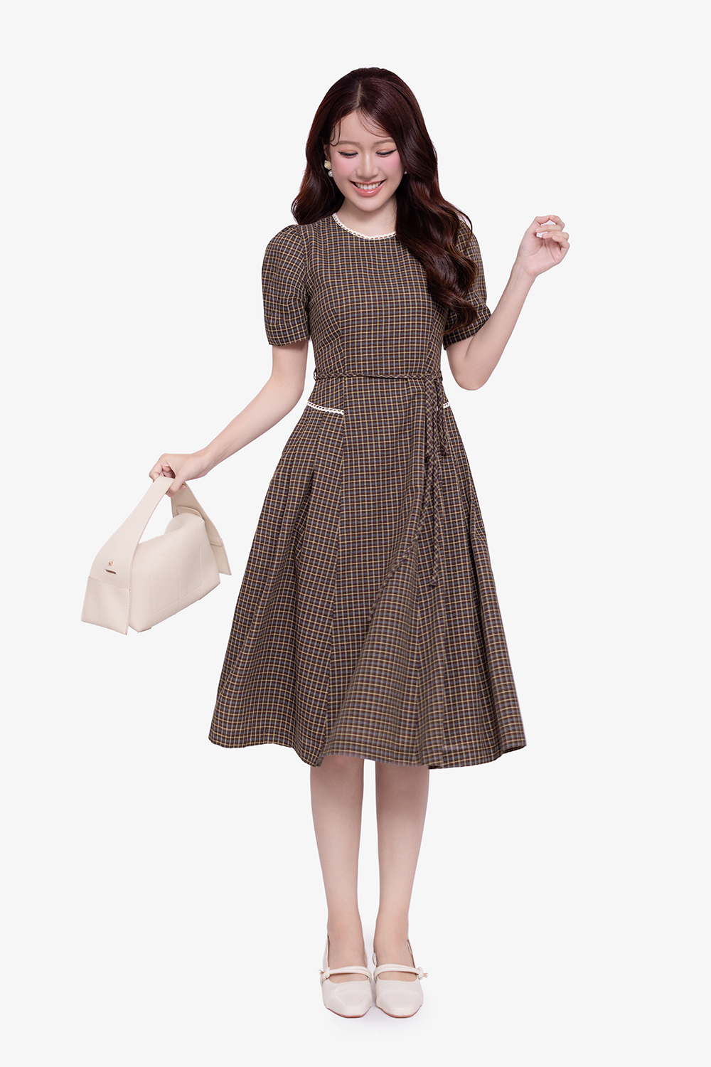 Đầm caro nâu dáng xòe phối dây nơ eo