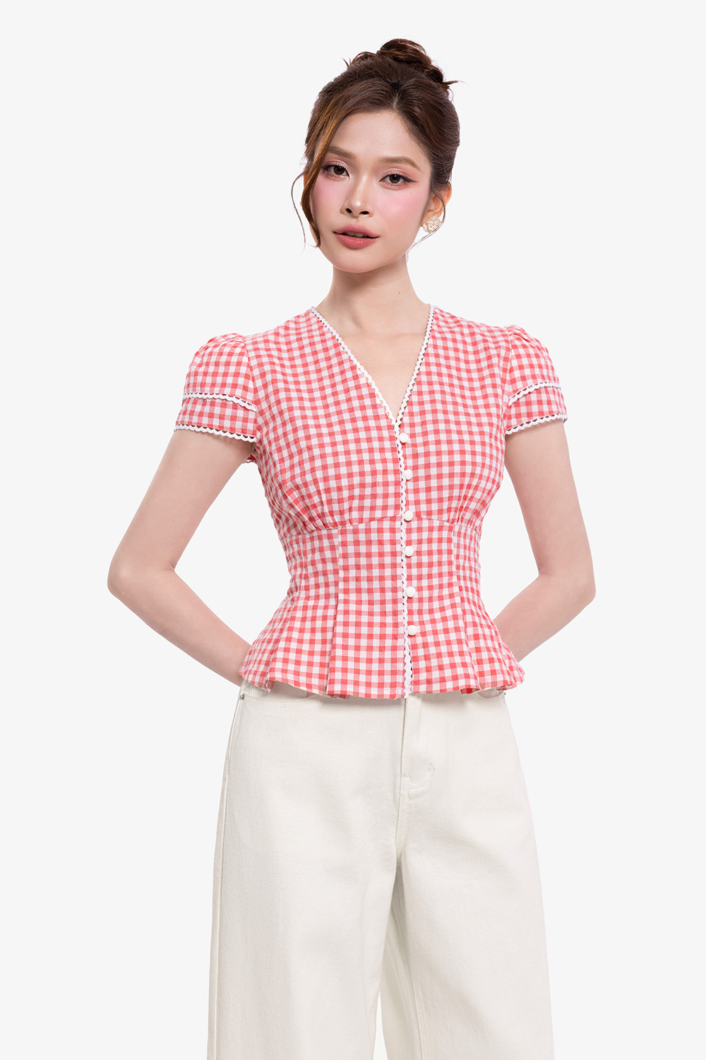 Áo kiểu caro cổ V dáng peplum
