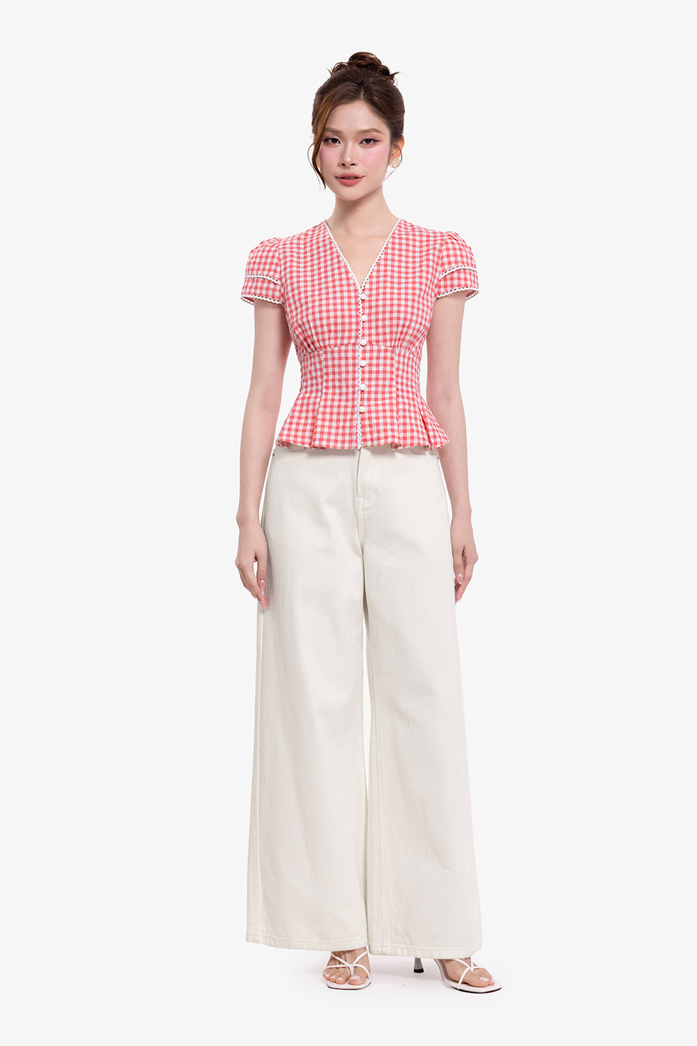 Áo kiểu caro cổ V dáng peplum