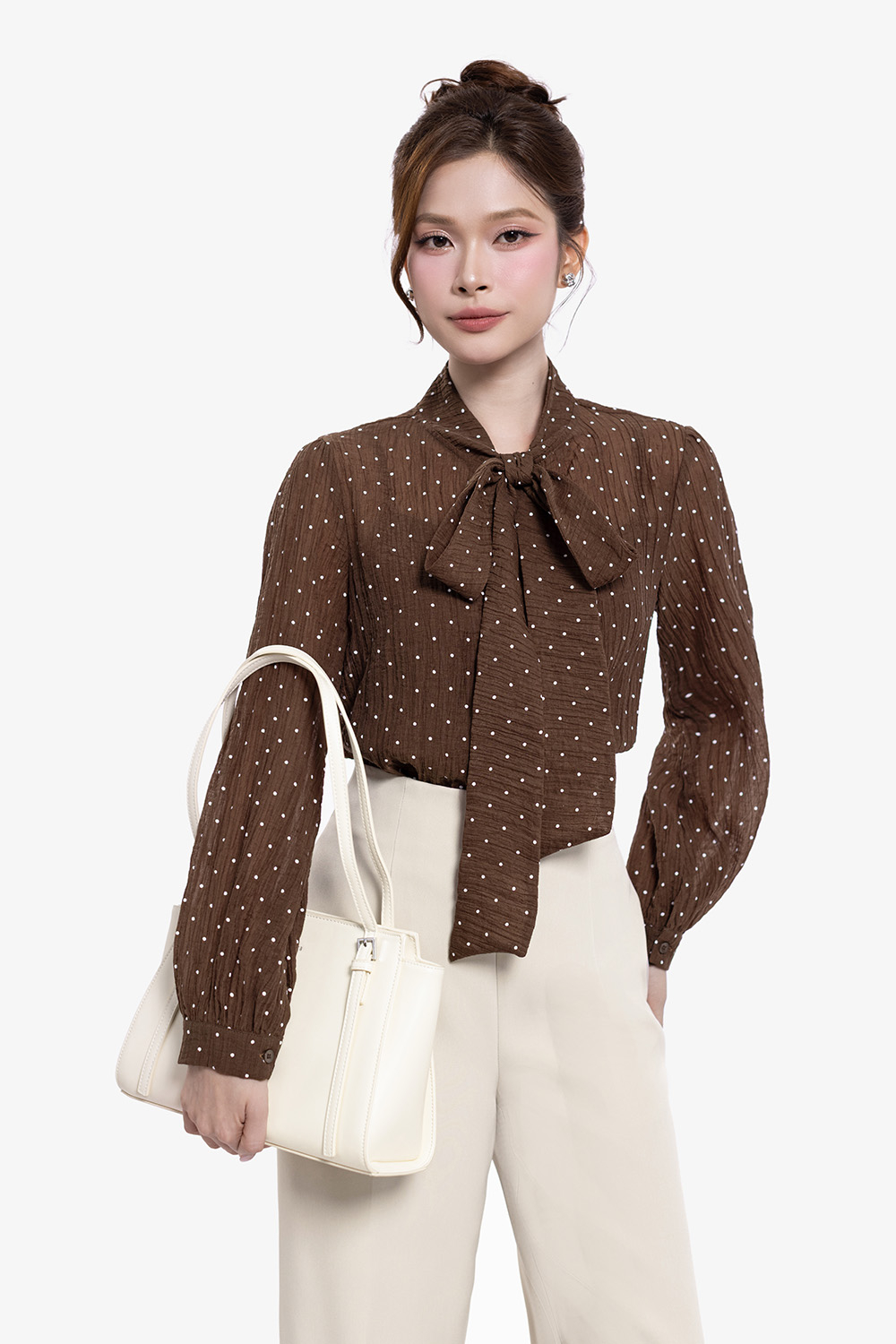 Áo kiểu công sở nữ tay dài cổ phối nơ