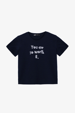 Áo thun cotton màu xanh thêu chữ